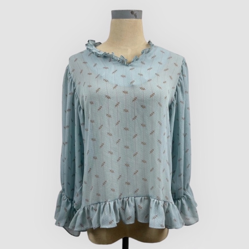 Cherrykoko Blue Ruffle Long Sleeve Top Leaf Print
